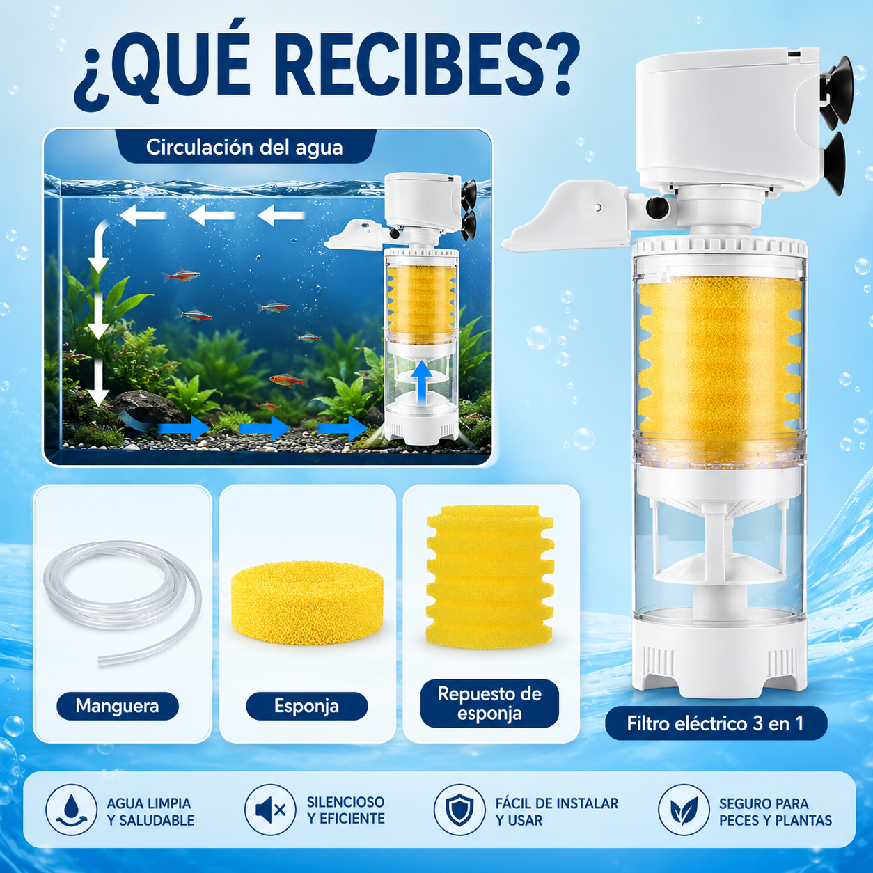 Filtro Eléctrico Silencioso Para Acuario 3 en 1
