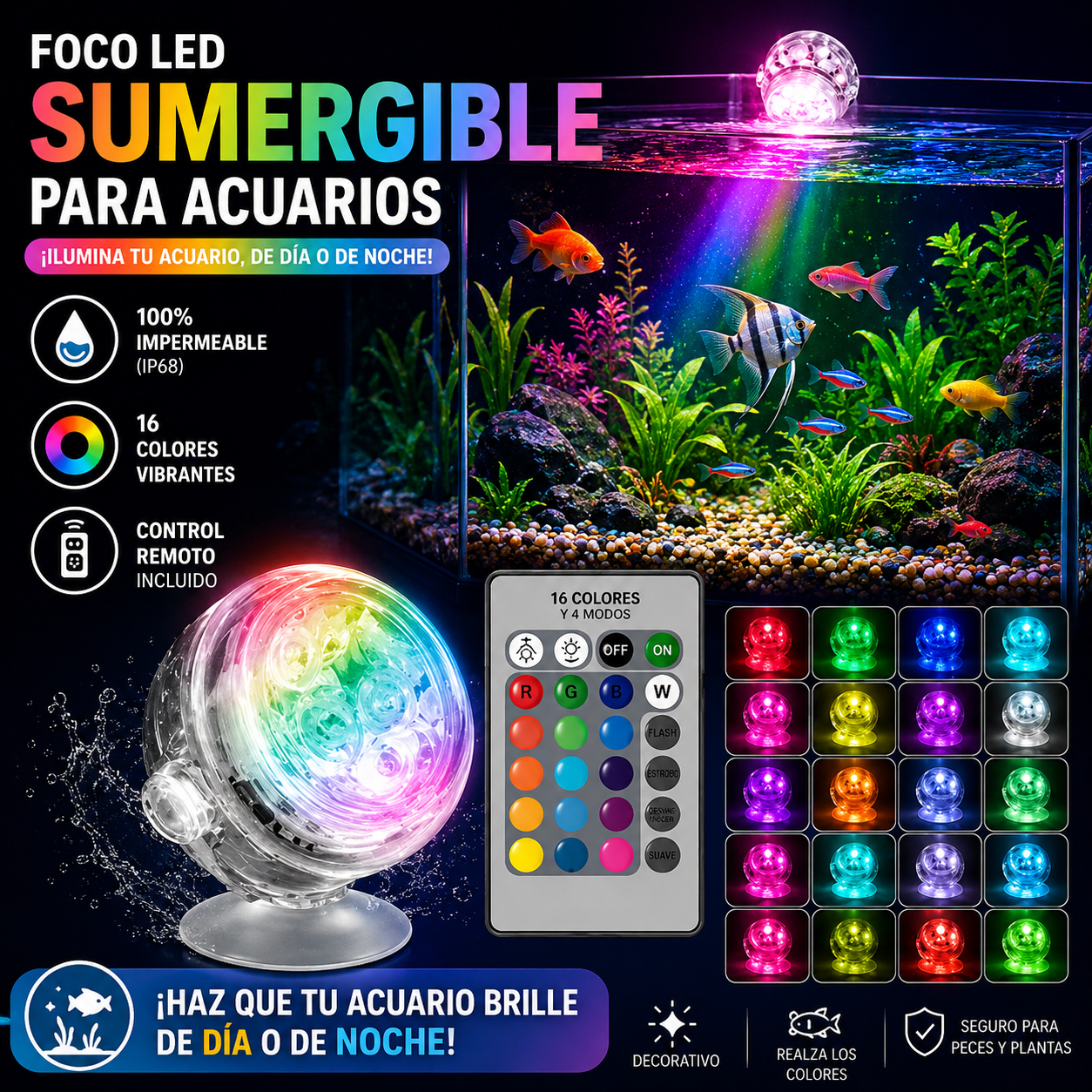 Foco LED Sumergible Para Acuario – 6 Colores Cambiantes