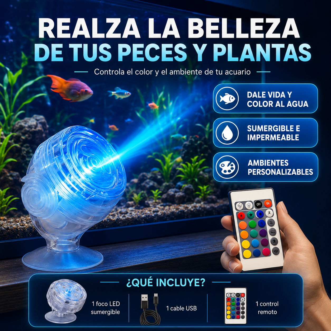 Foco LED Sumergible Para Acuario – 6 Colores Cambiantes
